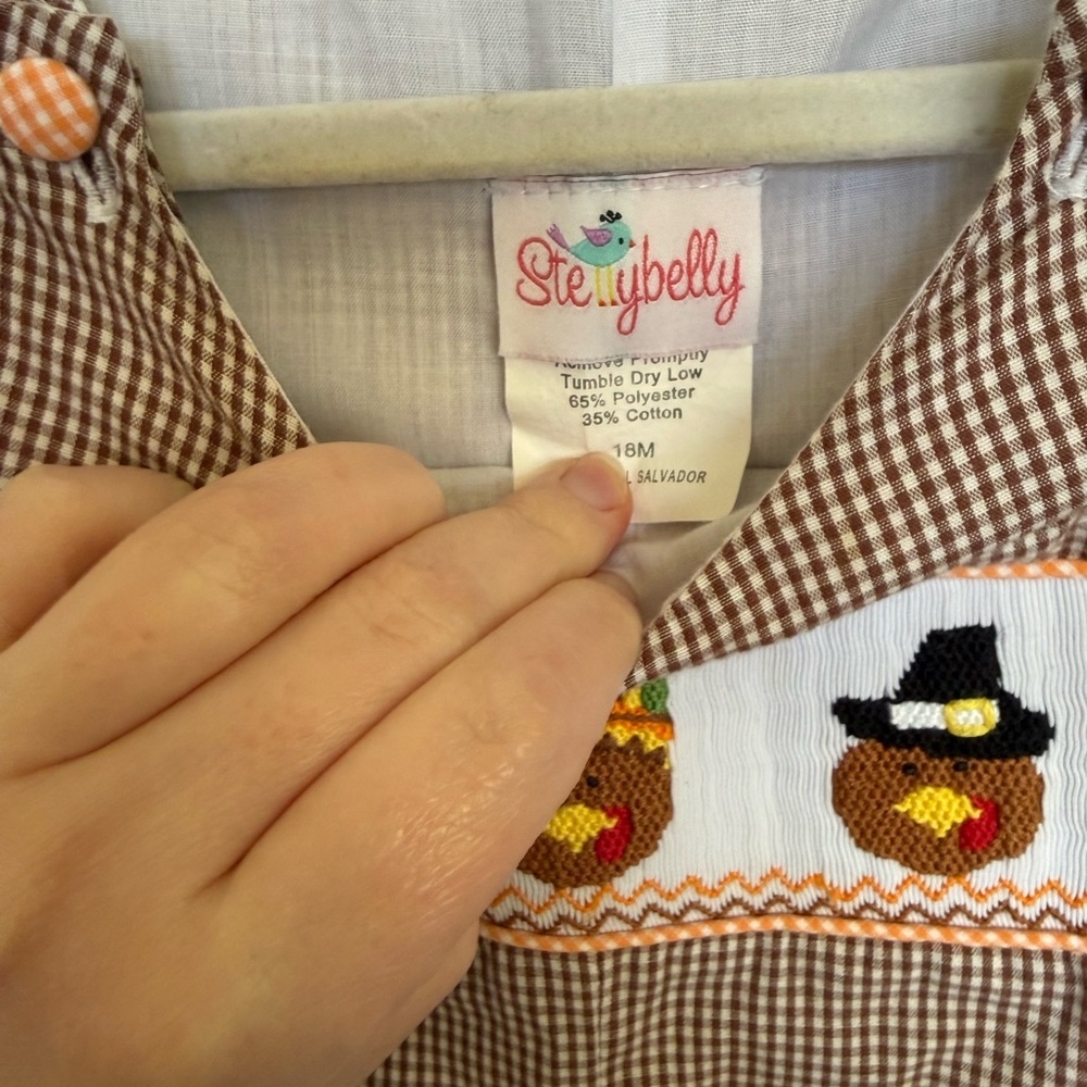 Brown Gingham Kids Thanksgiving Pilgrim Smock Jon Jon Overalls - Picture 3 of 4